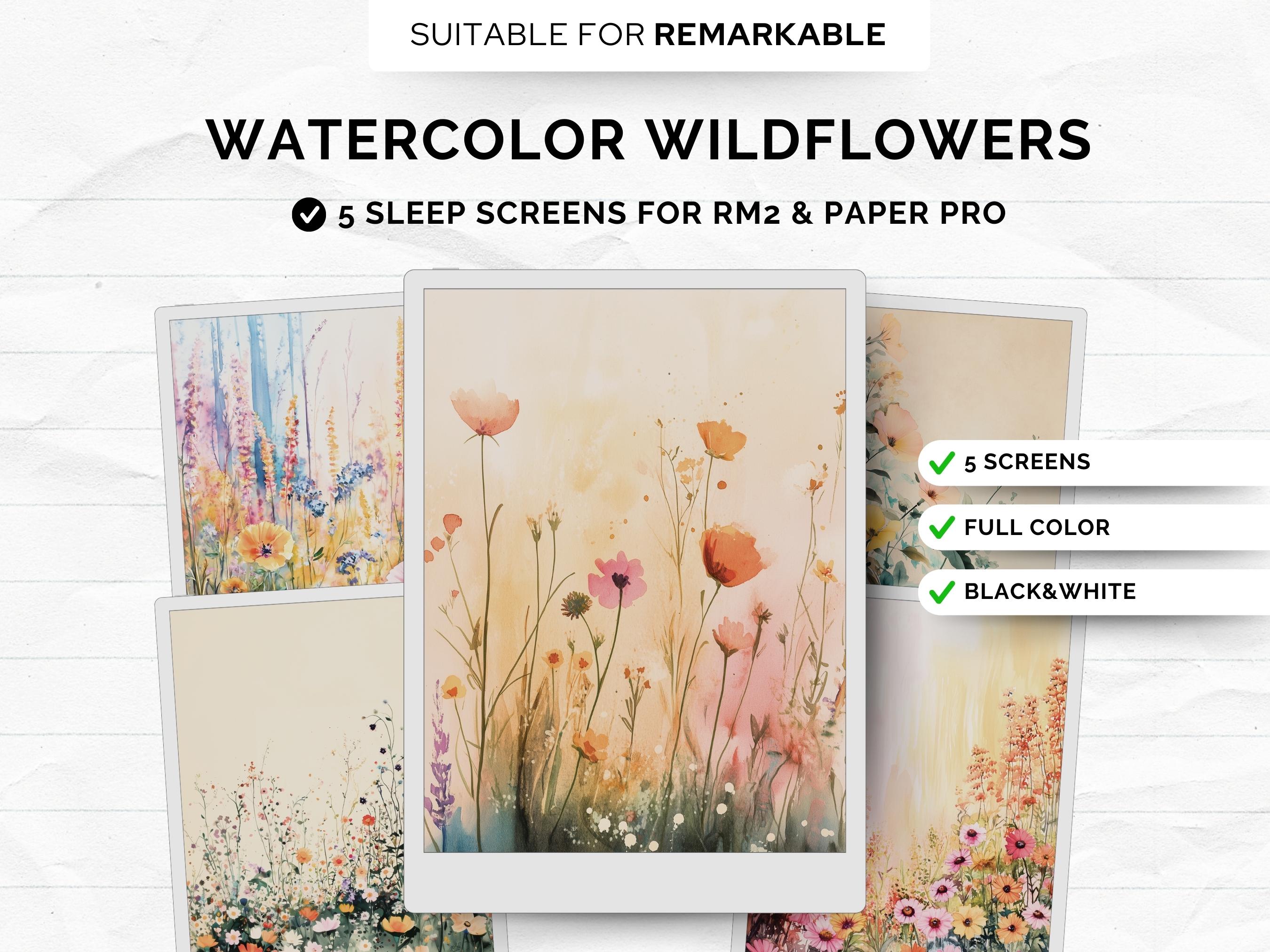 5 Watercolor Wildflower sleep screens for reMarkable 2 and Paper Pro | Splash screen suspended wallpaper for e-ink tablets full color