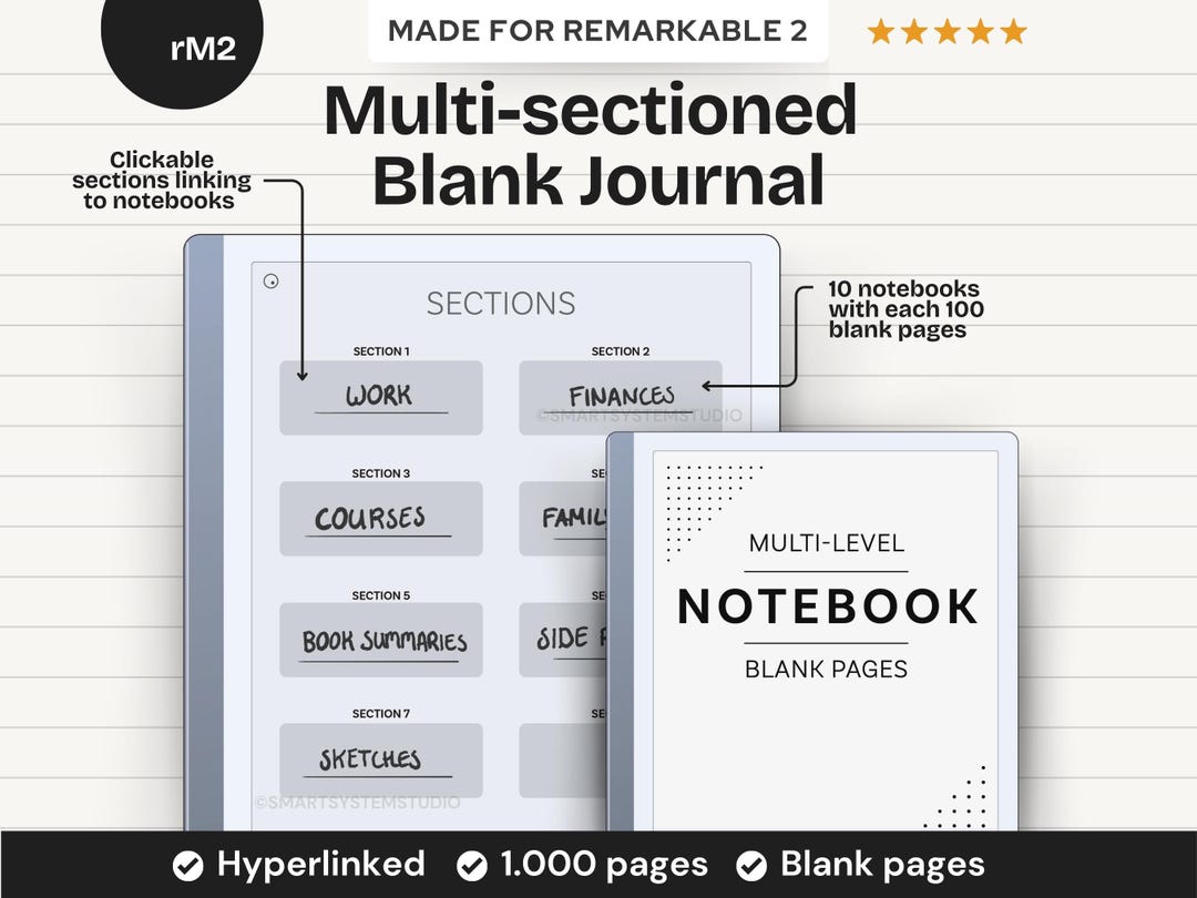 Multi-sectioned Blank Notebook for Remarkable 2, Template With 1.000 ...