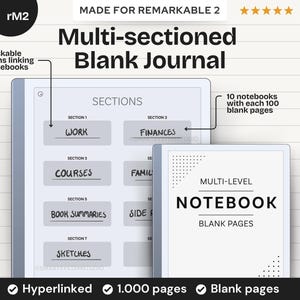 May include: A digital blank journal for the Remarkable 2 tablet. The journal features clickable sections for notebooks, including sections for work, finances, courses, and sketches. It includes 1,000 pages and 10 notebooks with 100 blank pages each.