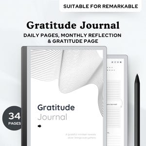 May include: A black and white digital journal with a wavy line pattern on the cover. The journal is titled "Gratitude Journal" and has 34 pages. It is suitable for the Remarkable tablet.
