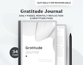 May include: A black and white digital journal with a wavy line pattern on the cover. The journal is titled "Gratitude Journal" and has 34 pages. It is suitable for the Remarkable tablet.