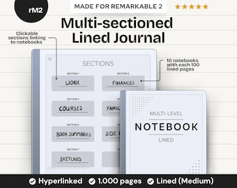 Multi-sectioned Medium Lined Notebook template for reMarkable 2 & Paper Pure, 1.000 journal note taking pages | Hyperlinked, undated e-ink