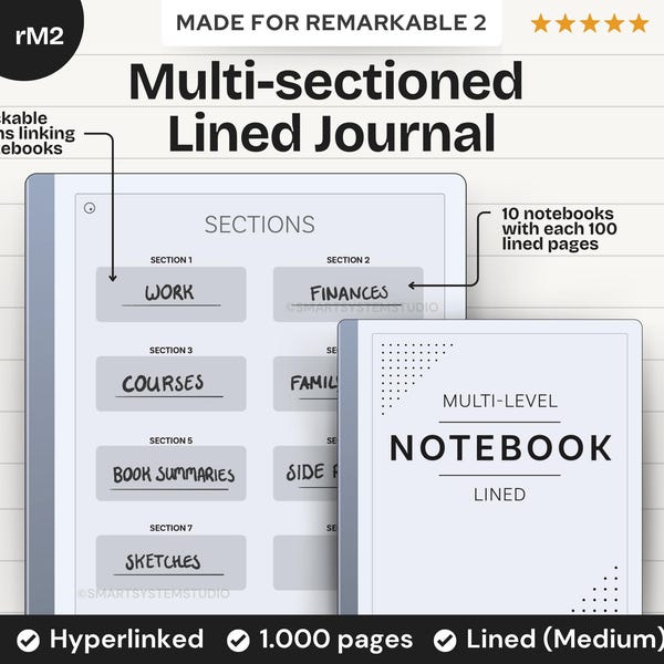 Multi-sectioned Medium Lined Notebook template for reMarkable 2 & Paper Pure, 1.000 journal note taking pages | Hyperlinked, undated e-ink