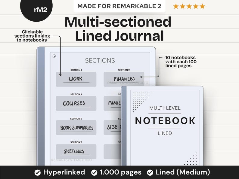 Multi-sectioned Medium Lined Notebook Template for Remarkable 2 & Paper ...