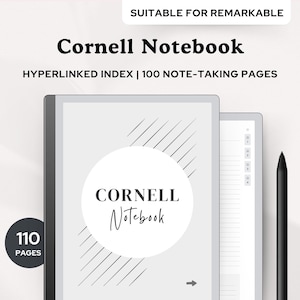 Op de afbeelding: Een zwart-wit digitaal notitieboek met een grijze achtergrond en de tekst "Cornell Notebook" in een cirkel. Het notitieboek is ontworpen voor de Remarkable tablet en heeft 110 pagina's, waaronder een hyperlinked index en 100 pagina's voor het maken van aantekeningen.