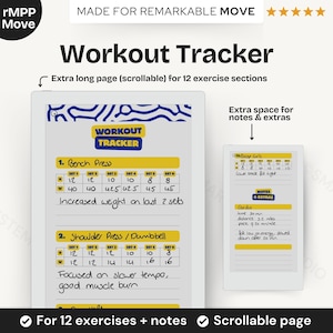 May include: A digital workout tracker with a white background and yellow accents. The tracker features sections for 12 exercises, notes, and extras. The text "Workout Tracker" is displayed prominently. The tracker is designed for a scrollable page.
