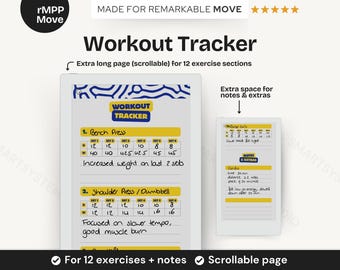 Plantilla de entrenamiento de ejercicios para el rastreador de gimnasio Remarkable Paper Pro Move / Fitness con cardio y notas, peso, repeticiones y espacio para entrenamientos de cardio.