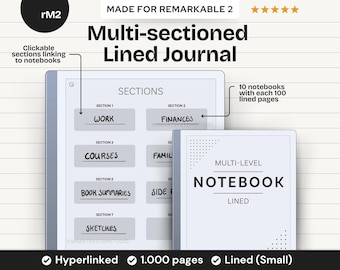 Multi-sectioned Small Lined Notebook for reMarkable 2 & Paper Pure, template with 1.000 journal note taking pages | Hyperlinked, undated