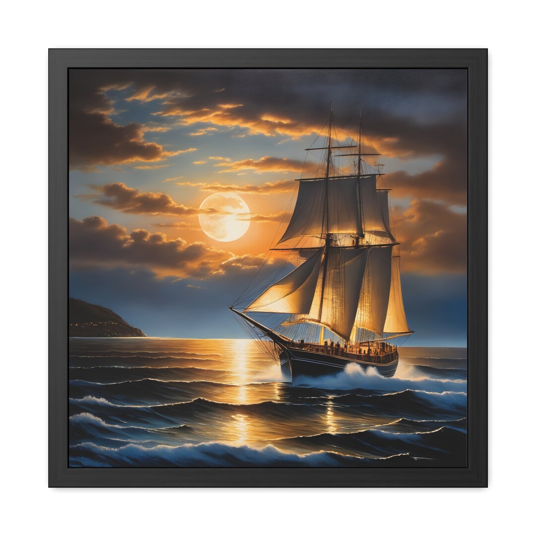 Framed Art Print of Sailing Ship in Moonlight Framed Digital Art Framed