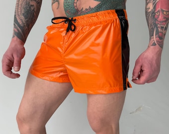 Shiny Nylon Shorts Men, Wet Look Sprinter Rave Festival Running Retro Shorts – Orange