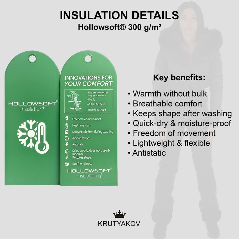 May include: Two green tags with white text and graphics detailing Hollowsoft insulation properties. Key benefits include warmth, breathability, and quick-drying. The text also mentions freedom of movement and lightweight flexibility.
