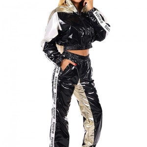 Shiny 90s Nylon Tracksuit Women | pvc Two Piece Sweat Set | Festival Outfit | Trendy Matching Jogger Suit | Custom Lounge Set Women
