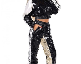 Glanznylon Trainingsanzug Frauen, 90er Jahre Zweiteiler PVC Set, Y2K Jogger Outfit