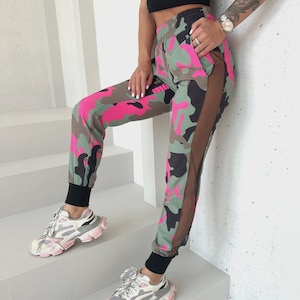 Bold Camouflage Joggers, Streetwear Sweatpants, Custom Trousers Women, High Waist Pants, Colorful Camo Look, Cool Gift for Her