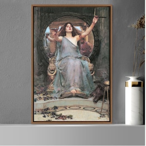 May include: A painting of a woman in a flowing white gown, holding a goblet and standing on a throne. She is surrounded by a dark, mysterious background.