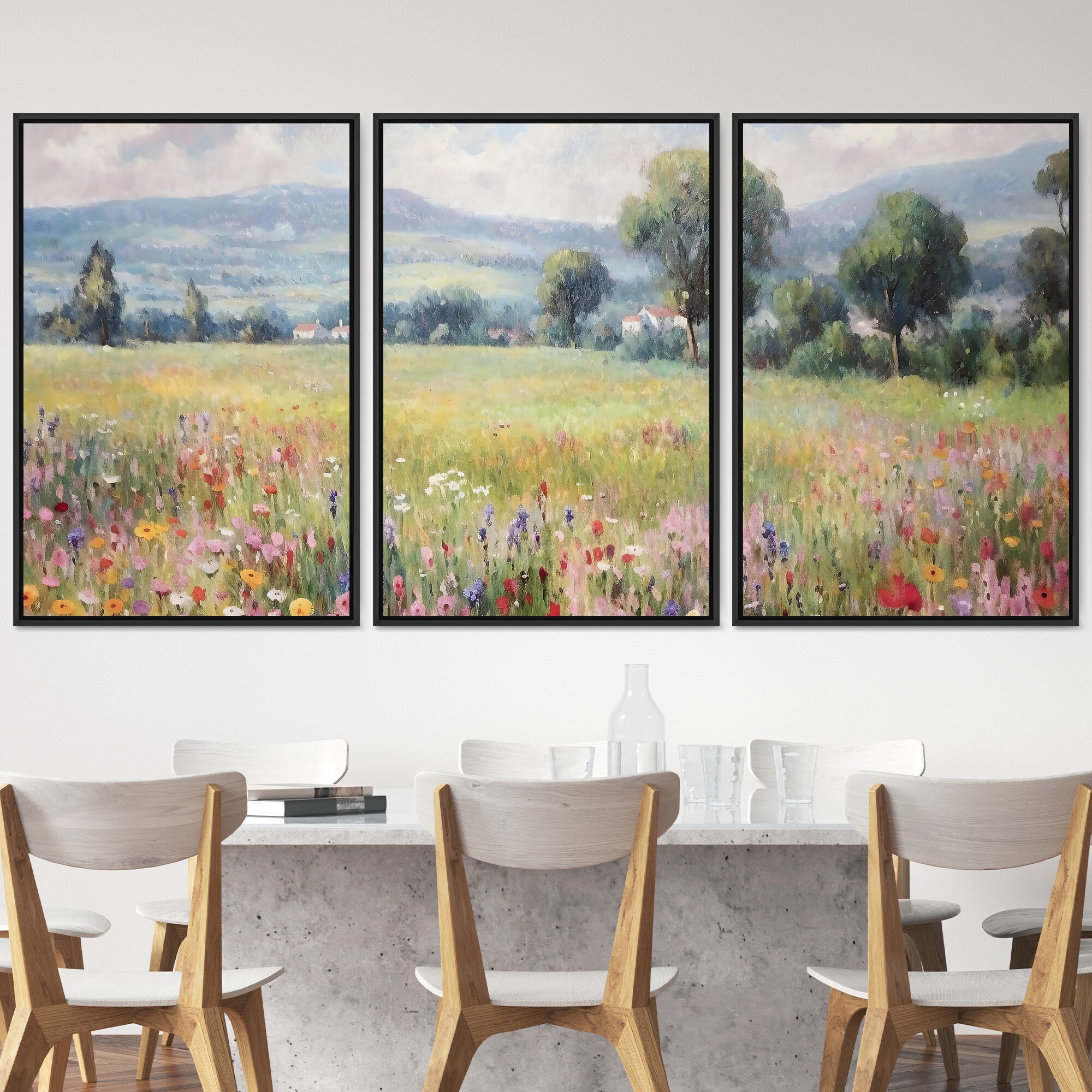 Wildflower Field Framed Canvas Oil Painting Landscape Wall Art, Nature ...