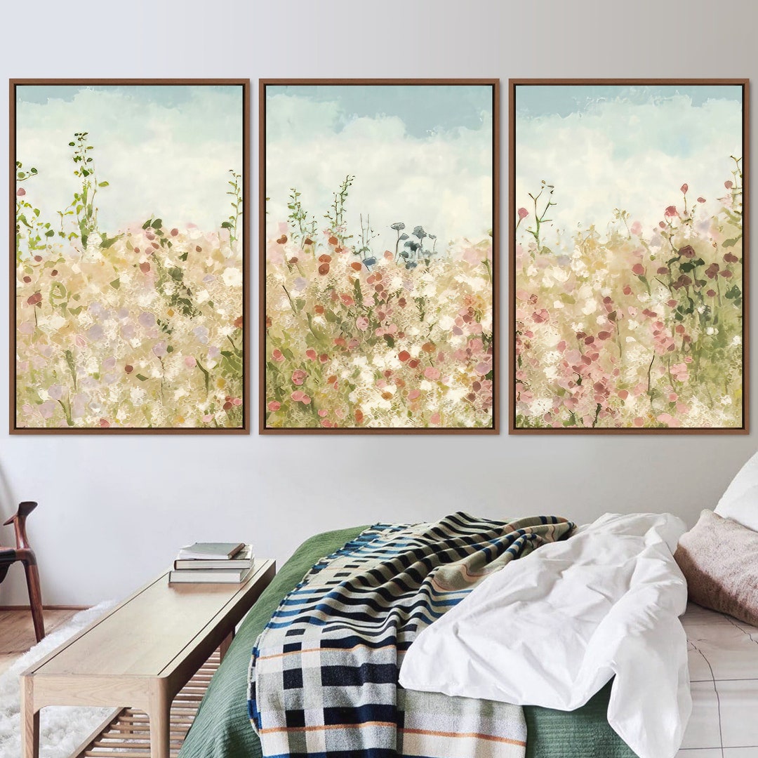 Wildflower Field Framed Canvas Oil Painting Landscape Wall Art, Nature ...