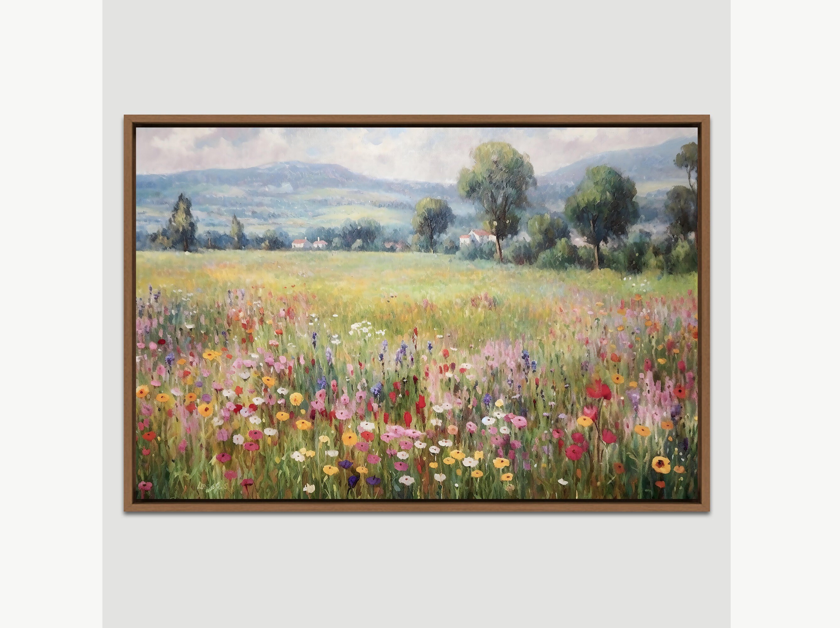 Wildflower Field Framed Canvas Oil Painting Landscape Wall Art, Nature ...