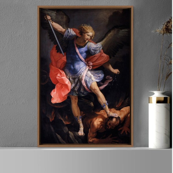 Archangel Michael Tramples Satan by Guido Reni, Canvas Print Wall Art Famous Art, Frame Large Wall Art, Gift, Living Room Wall Decor