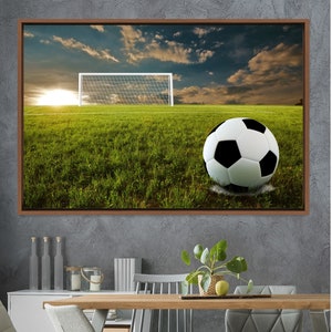 Framed Canvas Print Black & White Soccer Ball on Field at Sunset Sports Athletes Photography Modern Art,Frame Large Wall Art,Gift,Wall Decor