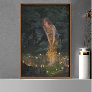 May include: A framed painting depicts a woman in a golden dress and floral crown in a forest setting. The artwork features a dark background with glowing lights, creating a mystical atmosphere. The painting is displayed on a white shelf.