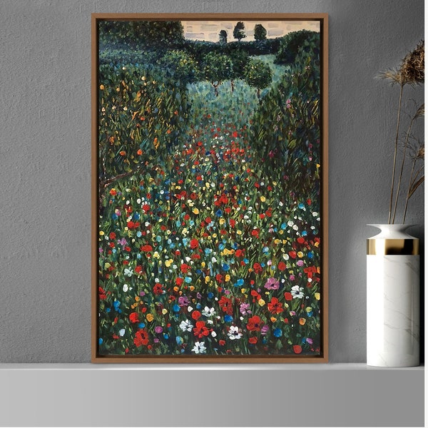 Gustav Klimt Poppy Fields, Framed Canvas Landscape Wildflower Wall Art Print, Frame Large Wall Art,  Vintage Art, Green Art, Gift,Wall Decor