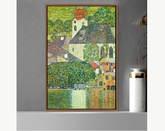 May include: A painting of a village scene with a church in the center. The church has a white steeple and a red roof. The houses are painted in various colors, including red, yellow, and green. The painting is done in a style that is reminiscent of the Impressionist movement.