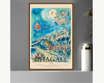 Framed Canvas Print Chagall Crescent Moon Pastel Floral Landscape Classic Vintage Illustration Fine Art,Frame Large Wall Art,Gift,Wall Decor