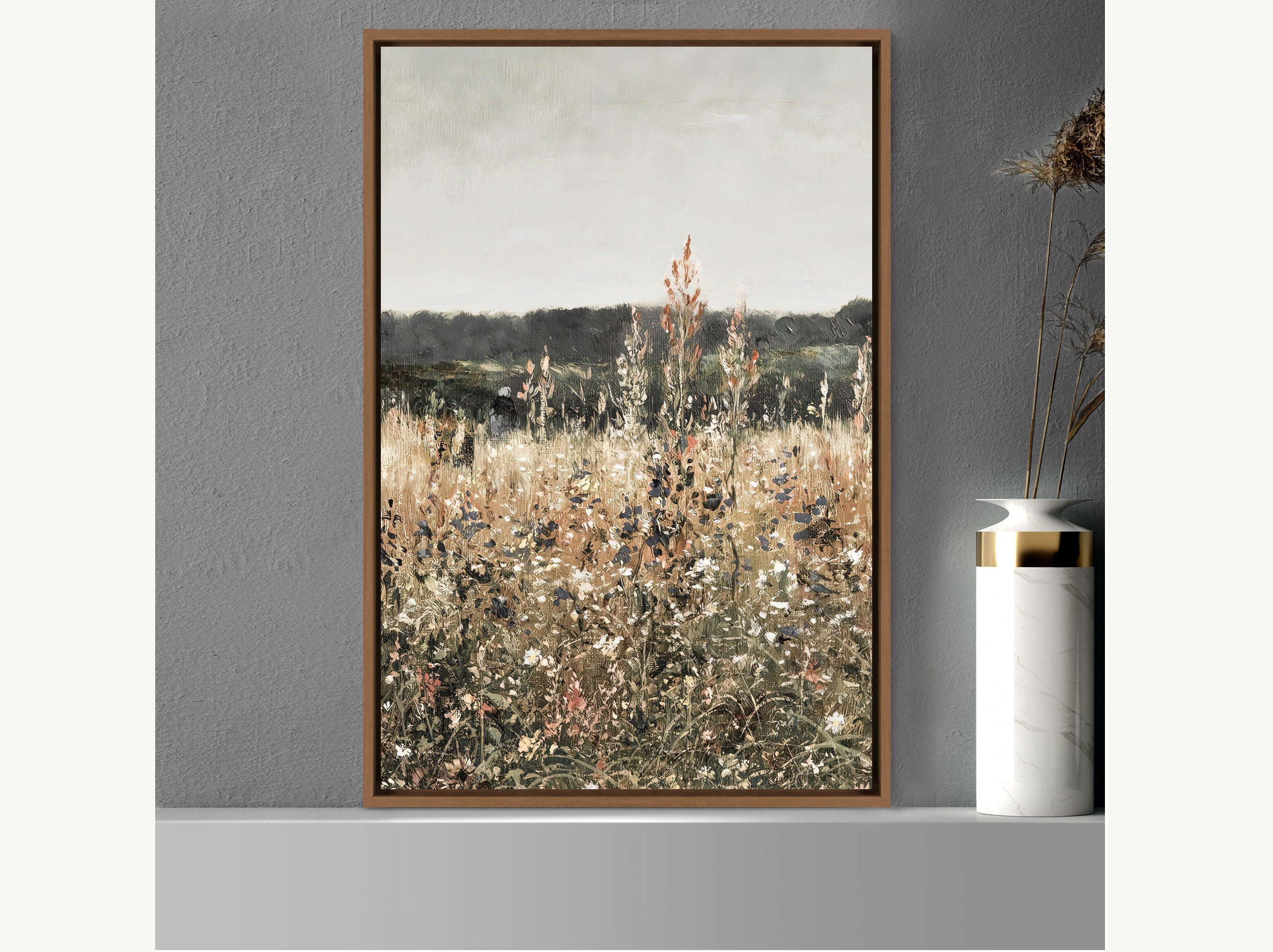 Wildflower Field Framed Canvas Oil Painting Landscape Wall Art, Nature ...