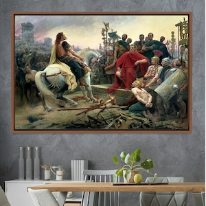 May include: A painting depicting a historical scene with a man on horseback addressing a group of people. The man is wearing a red and gold robe and is holding a sword. The group of people are dressed in various styles of clothing and are listening intently to the man's speech. The painting is set against a backdrop of a city and a cloudy sky.