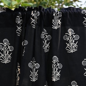 Indian Cotton Hand Block Print Curtains, Black Floral Bohemian Cotton Floral Curtains, Handmade Custom Size Home Decor Bedroom Curtain