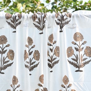Mustard Mughal Floral Print Cafe Curtains, Boho Cotton Bedroom Window Treatment Drapes, Kitchen Home Decor Custom Curtain for Living Room
