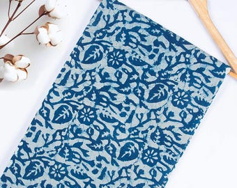 Tela con estampado floral azul índigo cortada a medida, tela india con estampado de bloques, 100 % algodón orgánico, tela ligera natural, tela para vestidos de mujer