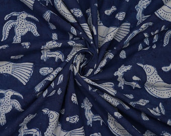 Indigo Blauer Vogel Print Baumwollstoff, Handblockdruck Meterware