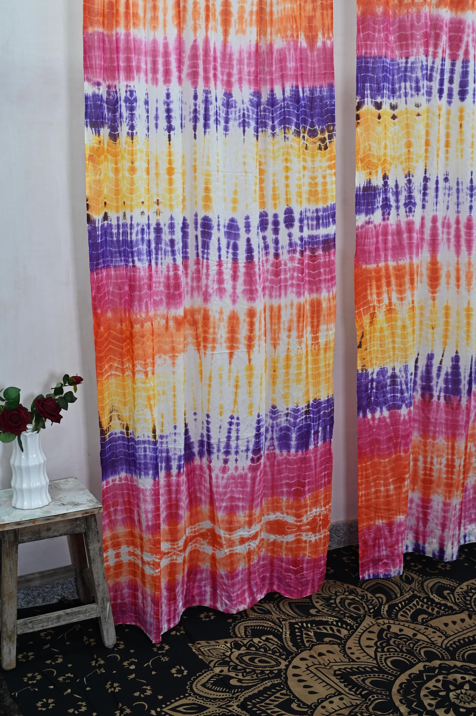 Boho Shibori Tie Dye 100% Cotton Curtains, Sheer Light Filtering Panel