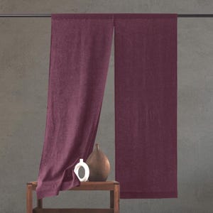 A minimalist deep green Noren-style curtain hangs from a sleek rod, featuring two panels with a central split. The rich fabric drapes softly, complementing the neutral wall and modern decor, with a small potted plant adding a fresh touch.