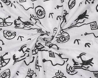 ボヘミアン風ブラックハンドブロックプリント幾何学模様ランニングクラフトソーイング衣料用生地（ヤード単位）、コットンボイル生地、ホームデコレーション生地、ヤード単位 HB36