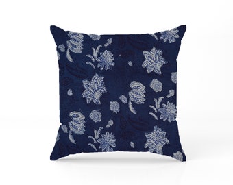 Hand Block Print Cotton Pillow Cover | Indigo Floral Boho Decor Printed Sofa Cushions