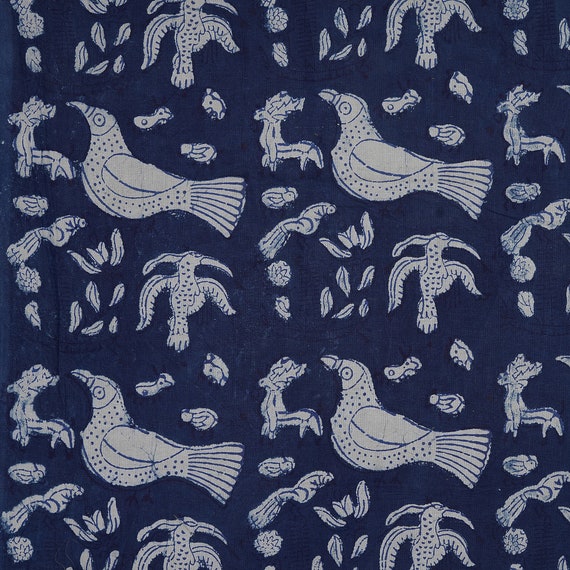 Hand Block Print Cotton Fabric by Yard | Indigo Motif | Natural Dye Sewing Textile