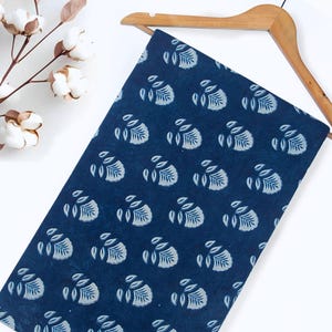 Natural Indigo Blue Indian Cotton Fabric | Floral Block Print Fabric by Yard | Handmade Textile for Sewing, Quilting, DIY, Boho Projects