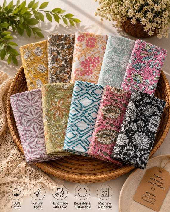 Boho Hand Block Print Cotton Cloth Napkins | Reusable Eco Friendly Wholesale Dinner Set