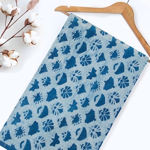 Natural Indigo Dyed By The Yard Floral Print Fabric, Indian Cotton Fabric, Organic Cotton Fabric, Dabu Hand Block Light Weight Soft Fabric