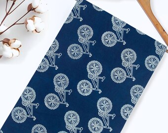 Pure Cotton Indigo Blue Fabric | Blue Bicycle Block Printed Fabric by the Yard | Boho Fabric for Clothing, Crafts, Home Decor Curtain Fabric