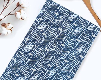 Hand Block Printed Indigo Blue Cotton Fabric by Yard | Ethnic Wavy Stripe Dot Print Fabric for Sewing, Quilting, Dressmaking, Crafts