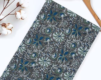 Hand Block Printed Cotton Fabric: Gray Floral Sewing Quilting Material