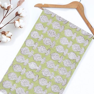 Indian Hand Block Printed Cotton Fabric, Green and White Paisley Print Fabric - 100% cotton Women Girls Dress Making Fabric, DIY Projects
