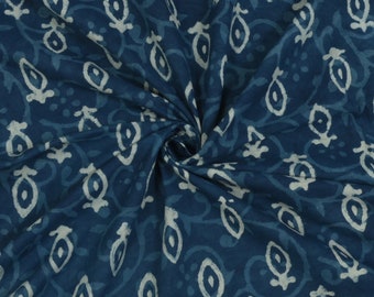 Blue Indigo Block Printed Cotton Fabric, Indian Dabu Print By The Yard