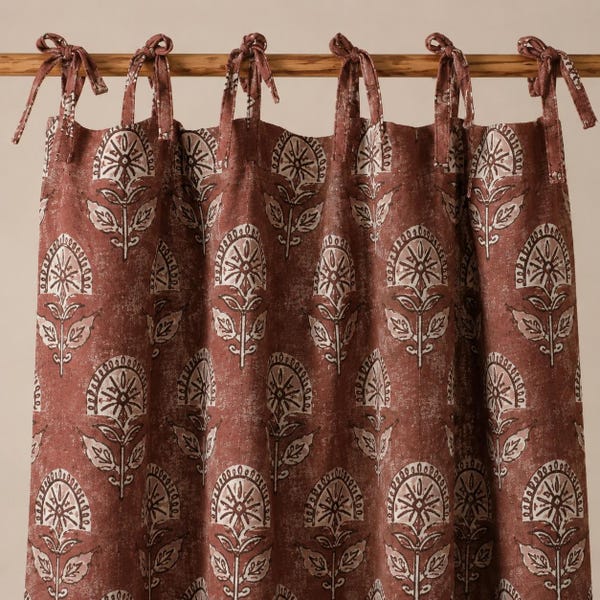 Terracotta Block Print Cotton Curtains – Handmade Boho Window Drapes | Custom Size Available, Light Filtering, Tie Top Christmas Gift Decor