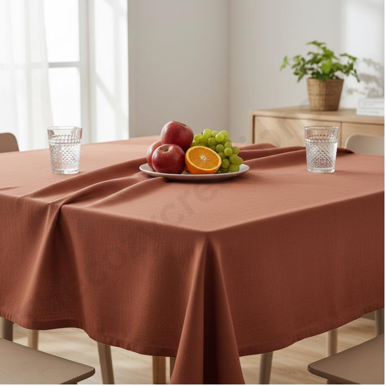 Puede incluir: Un mantel de color &oacute;xido cubre una mesa de madera, con dos vasos estampados y un plato de fruta. La fruta incluye manzanas rojas, uvas verdes y media naranja. Una peque&ntilde;a planta en maceta se encuentra en el fondo.