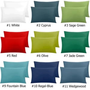 May include: A collection of pillowcases in various solid colors, including white, red, green, and blue. Each set is labeled with a number and color name, such as "#1 White" and "#2 Cyprus". The pillowcases are rectangular and appear to be made of a smooth fabric.